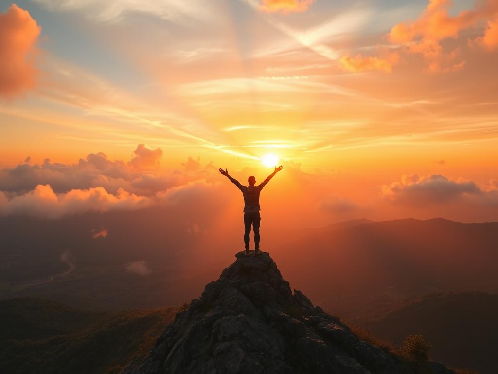 Person standing confidently on a mountain peak, symbolizing self-empowerment